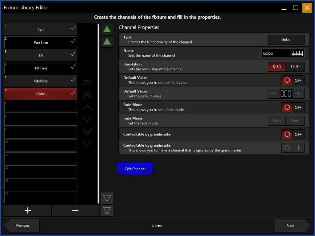 Завершение редактирования каналов для колес гобо и цвета в ONYX