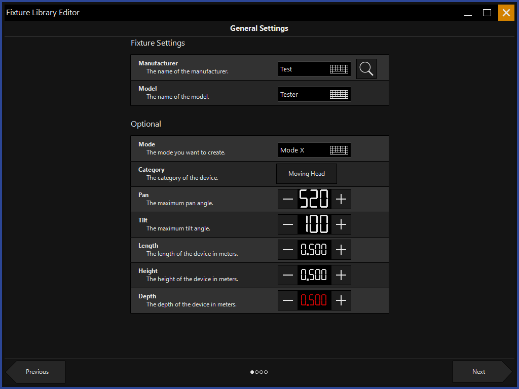 Введение общей информации по прибору в редакторе библиотеки в ONYX