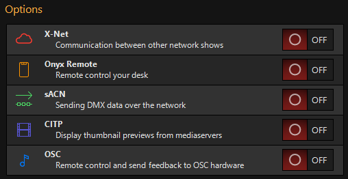 Опции для сетевых интерфейсов в ONYX